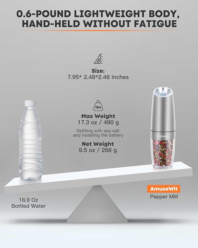 AmuseWit Gravity Electric Salt and Pepper Grinder Set [White Light] - Battery Operated Automatic Pepper and Salt Mills,Adjustable Coarseness,One-Handed Operation,Stainless Steel