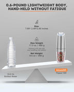 AmuseWit Electric Gravity Pepper Mill or Salt Grinder Mill [White Light] - Battery Operated Automatic Pepper Grinder with Light, One Handed Operation, Adjustable Coarseness, Stainless Steel