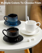 Hasense Ceramic Cappuccino Cups and Saucers Set of 4, Ribbed 6 Oz Demitasse Tea Cup with big Handle, Mugs Set for Coffee,Tea,Latte and Mocha, Aesthetic Gift for Anniversary or Holiday, Blue