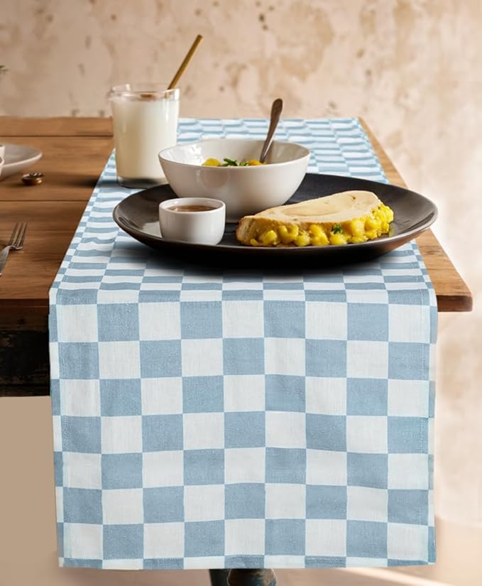 Folkulture Table Runner | Fall Table Runners 90 inches Long | Checkered Boho Table Runners for Farmhouse Decor or Table Decorations for Party | White and Blue Table Runner for Fall Decor