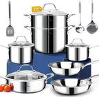 HOMICHEF 14-Piece Nickel Free Stainless Steel Cookware Set Whole-Clad 3-Ply - Mirror Polished Pots And Pans Set - Healthy Cookware Set With Steamer - Non-Toxic Induction Cookware Sets