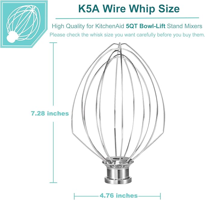 Wire Whip for KitchenAid Stand Mixer, airkitrep K5AWW Whisk Replacement, Stainless Steel 6 Wire Whip Attachment, Balloon Whisk Fit for Kitchen Aid 5 Quart Bowl-Lift, Ideal for Beating Eggs, Cream