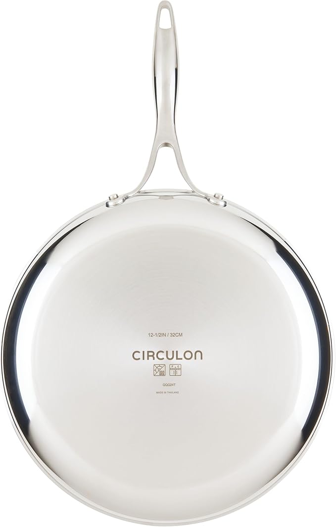 Circulon C1 Series Clad Stainless Steel with ScratchDefense Technology Cookware Nonstick Induction Frying Pan/Skillet with Lid, Metal Utensil Safe, 12.5 Inch Fry Pan - Polished Stainless Steel