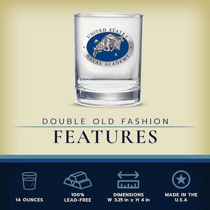 Heritage Pewter US Naval Academy Goat Double Old Fashion | Double Rocks Glass 14 OZ for Liquor | Expertly Crafted Pewter Glass