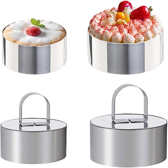 Uncle Jack 4 Pieces Round Cake Ring Molds, Stainless Steel Cake Ring Mold with Pusher, for Kitchen Tools, Baking Pastry, Mousse (Include 4 Rings and 2 Pushers)