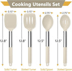 P&P CHEF Khaki Kitchen Cooking Utensil Set of 4, Silicone Solid Spatulas Slotted Spoons Turners for Non-stick Cookware Flipping Mixing, Heat-proof