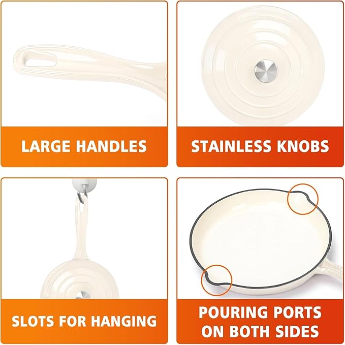 Hisencn Enameled Cast Iron Cookware Set - 7 Piece Dutch Ovens Set, Sauce Pan, Skillet, 3 Lids, Pots and Pans Set, Ceramic Coated Cast Iron, Heavy Duty, Gas/Induction Compatible, PFA Free