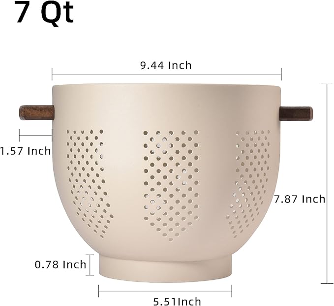 Metal Colander with Wood Handle and Stable Base, Powder Coated Steel Kitchen Strainer Basket for Draining Pasta, Vegetable and fruit(7quart,Sandyellow)