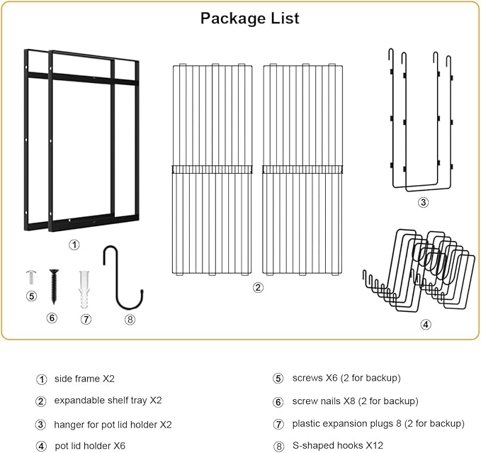 Expandable Pot and Pan Organizer Wall Mounted, 2 Tier Hanging Kitchen Shelves Heavy Duty Pot Rack with 6 Pot Lid Holders and 12 Hooks for Kitchen Cookware Utensils Organizer and Storage