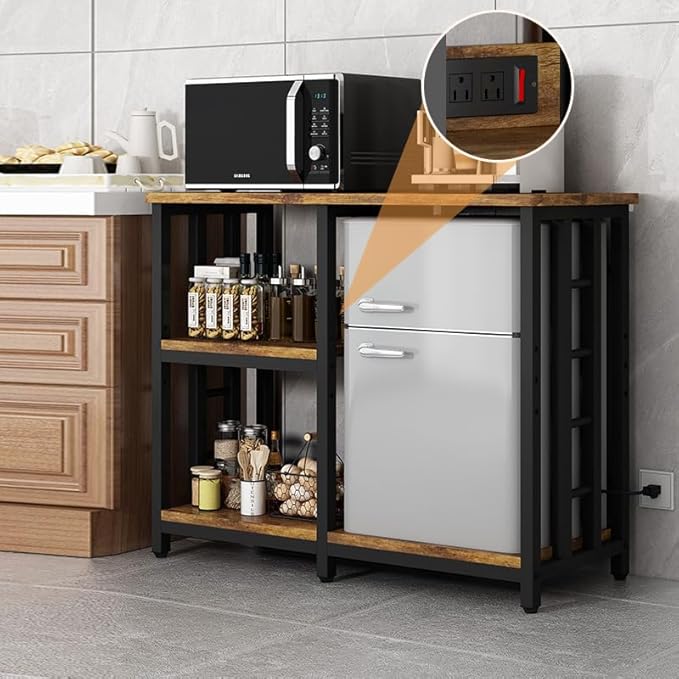 4-Tier Kitchen Baker's Rack with Power Outlet, Mini Fridge & Microwave Oven Stand Table, 5 Tiers Coffee Bar Table, 20-29-37 Gallon Fish Tank Stand, Kitchen Organizer Shelf for Spices, Pots and Pans.