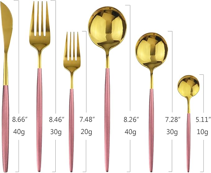 24Pcs Gold Mirror Silverware Flatware With Pink Handle, 18/0 Stainless Steel Cutlery Set Utensils Kitchen Dinnerware Include Knife Fork Spoon and Teaspoon, Service for 4