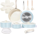 Chef Power Ceramic Nonstick Pots and Pans Set 19 Piece with Detachable Handle, Induction Dishwasher Oven Safe Cookware Set, RV Kitchen Set Removable Handle (Light Blue)
