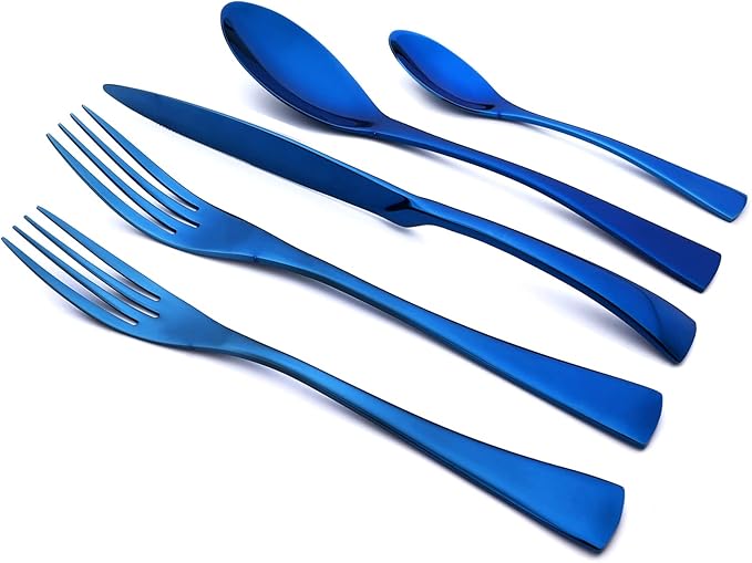 Blue Tableware 20Pcs Mirror Polished 18/10 Stainless Steel Luxury Flatware - Heavy Cutlery Set Service For 4 Include Knives/Forks/Spoons/Salad Fork/Teaspoon, Dishwasher Safe