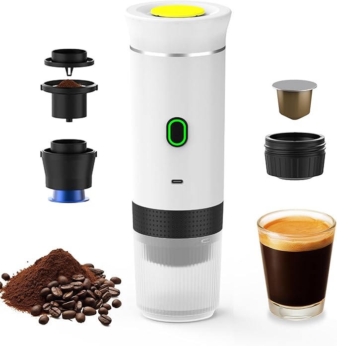 Decdeal Cordless Coffee Machine for Car Home Travel 3 in 1 Electric Coffee Maker Work With Capsule and Ground Coffee 15Bar Mini Cold Brew and Heating Coffee Maker with 150ml Cup