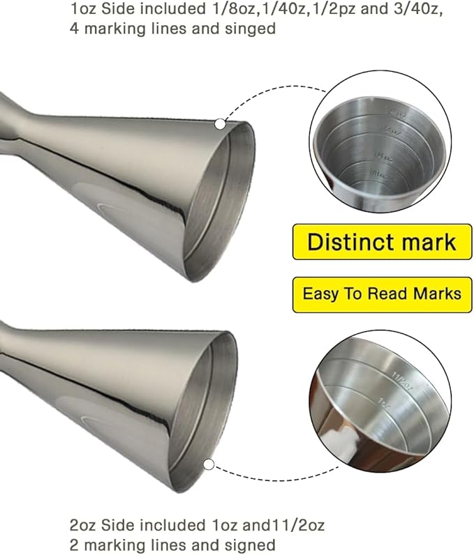 Silver Double Jigger Premium Japanese Style Slim Measuring 2 OZ 1 OZ Jigger,Double Cocktail Jigger,Japanese Jigger Bar Tool for Bar Home Party Wine Drink(304 SS)