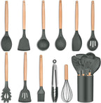 P&P CHEF Silicone Cooking Utensils Set, 12PCS Kitchen Utensils Set with Wooden Handle for Nonstick Cookware, Ladle, Spoon, Spatula, Tong, Heat-resistant & Non-scratch, Non Smell & Healthy, Gray
