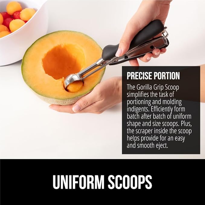 GORILLA GRIP Stainless Steel Multipurpose BPA-Free Spring Scoop, 3 Pack Includes 1, 2, and 3 TBSP SIzes, Melon Ballers Scoops, Perfect Portion Sizes, Easy Squeeze, Clean Release, Black