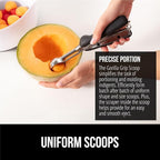 GORILLA GRIP Stainless Steel Multipurpose BPA-Free Spring Scoop, 3 Pack Includes 1, 2, and 3 TBSP SIzes, Melon Ballers Scoops, Perfect Portion Sizes, Easy Squeeze, Clean Release, Black