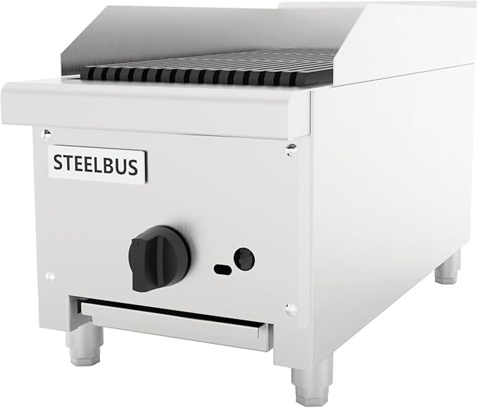 12 Inch Commercial Gas Charbroiler, Countertop Stainless Steel Grill with 1 Burner 28000 BTU, Heavy Duty Restaurant BBQ Broiler, Natural Gas/Propane, Adjustable Knob, Durable Cast Iron Grates