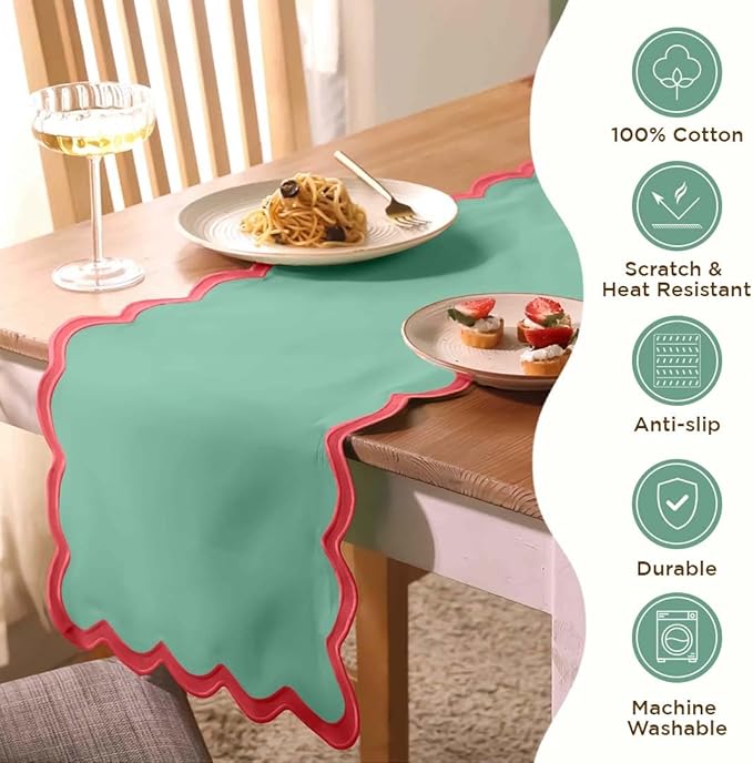 Folkulture Table Runner | Table Runners 108 inches Long | Scallop Table Runner for Farmhouse Decor or Boho Decor | Green Table Runners for Dining Room Table Decor | Table Decorations for Party