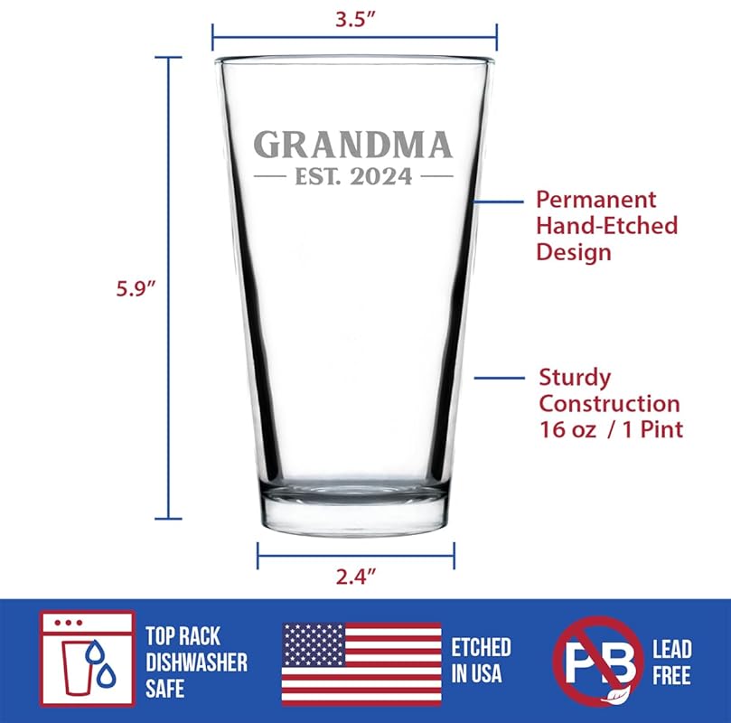 Grandma Est 2024 - New Grandmother Pint Glass Gift for First Time Grandparents - Bold 16 Oz Glasses