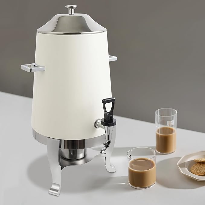 Coffee Urn with Fuel Holder 3.5 Gal/13L, Stainless Steel Beverage Dispenser Hot Drink Dispenser with Stand, Tea Water Coffee Chafer Urn for Parties Buffet Catering Commercial Home (Silver, White)