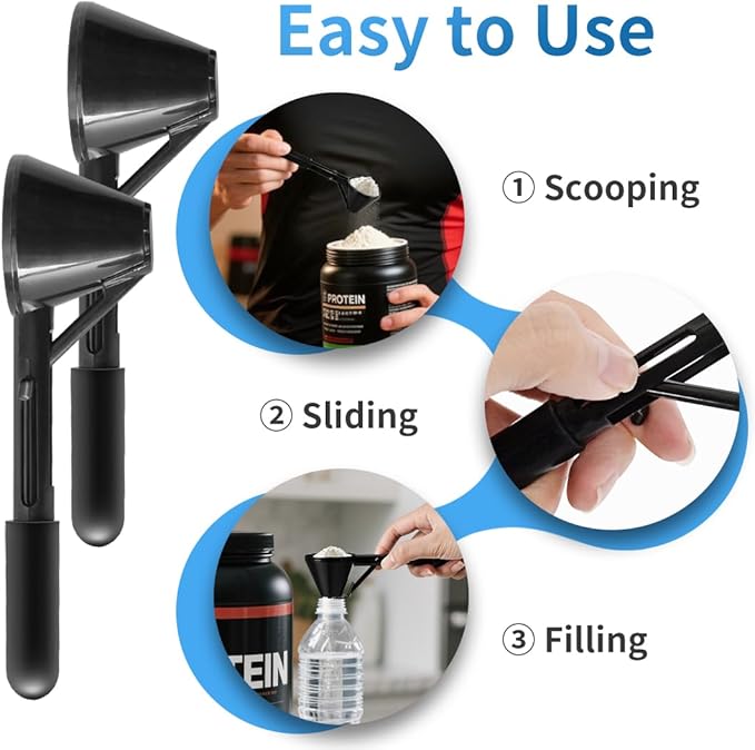 Water Bottle Funnel Pre Workout Scoop for Protein Powder 2 Pack Slide Bottom Measuring Scoop with Funnel for Coffee Grounds and Powder