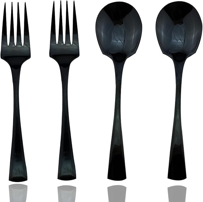 JASHII 18/10 Stainless Steel Mirror Polished Black 2 Pcs Spoon & 2 Pcs Fork Black Server Utensil Set
