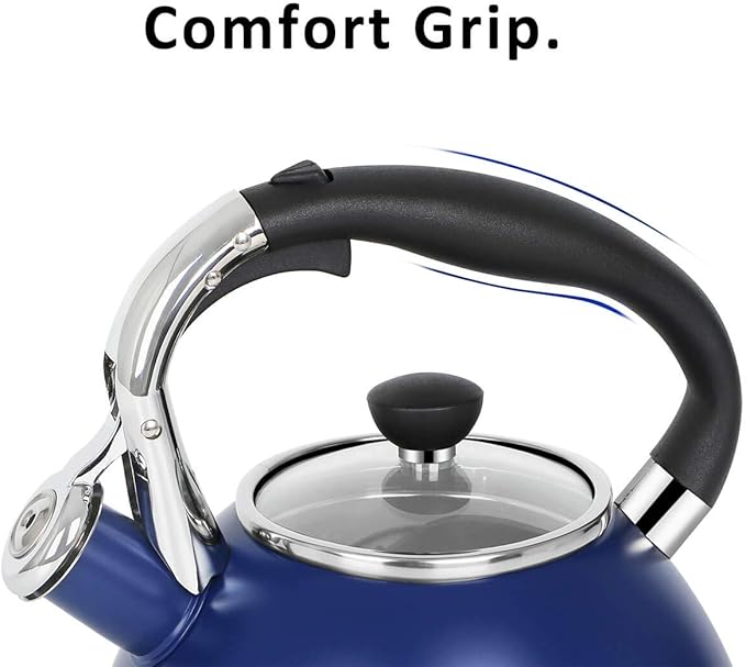 Rorence Stainless Steel Tea Kettle: 2.6 Quart Whistling Kettle with Capsule Bottom & Heat-resistant Glass Lid – Navy Blue