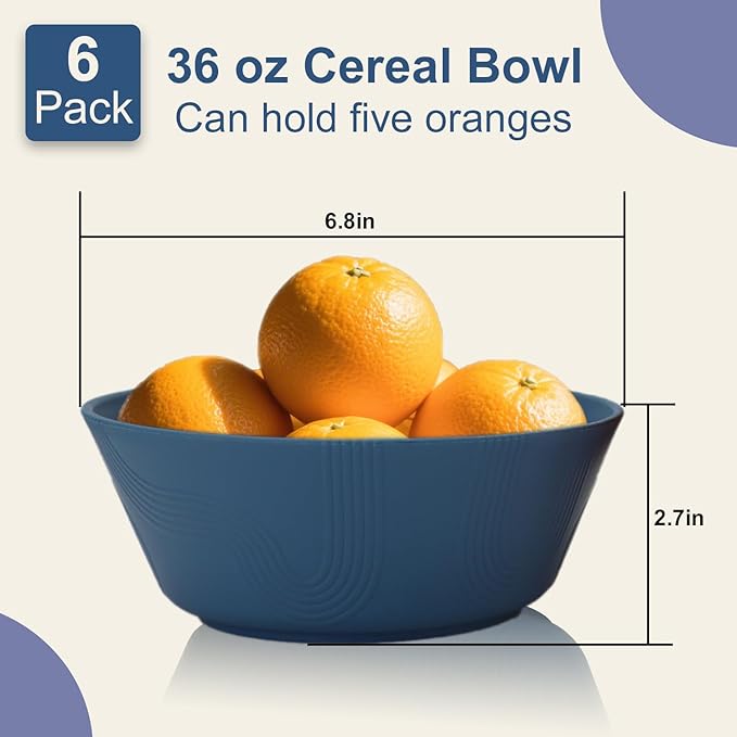 36 oz Wheat Straw Bowl, Unbreakable Cereal Bowls Set of 6, Microwave and Dishwasher Safe Plastic Bowls Reusable, Large Cereal Bowl for Kitchen, Serving, Popcorn, Soup (Multicolor)