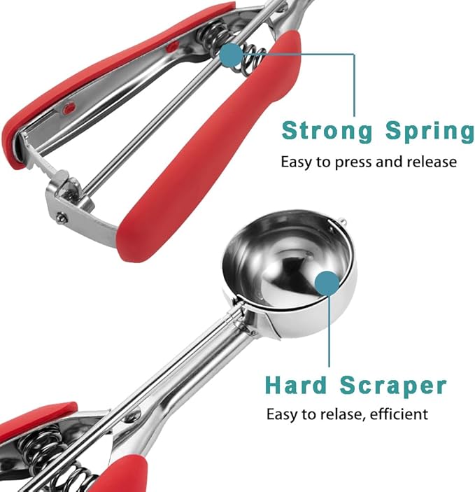 Medium Cookie Scoop, Cookie Dough Scoop, 2 Tablespoon Cookie Scooper, Red Handle, Spring-Loaded, 18/8 Stainless Steel, Comfortable Grip, For Cookies Cupcake Muffin Ice Cream Meatball
