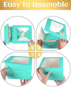 qiqee 8x8x5 Cake Box, 18 Sets Mint Blue Cake Box with Window ＆ 18 Sets 8" Mint Blue Cake Round Boards, 8inch Cake Containers