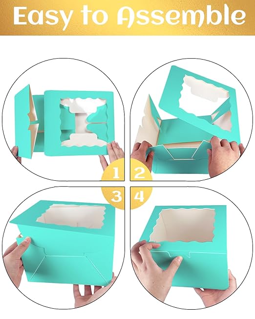 qiqee 8x8x5 Cake Box, 18 Sets Mint Blue Cake Box with Window ＆ 18 Sets 8" Mint Blue Cake Round Boards, 8inch Cake Containers
