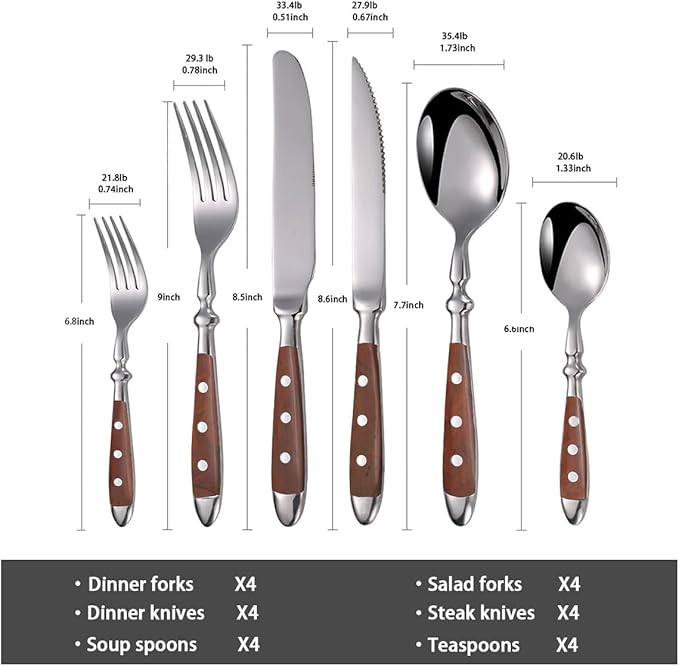 24-Piece 18/0 Stainless Steel Silverware set,Vintage Flatware set with Bakelite Handle,service for 4,Cutlery set (Brown)
