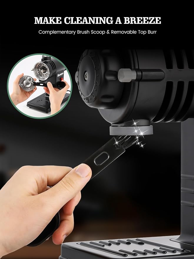 Huanyu Electric Coffee Grinder Stainless Steel Ghost Teeth Burr Coffee Grinders for Home Use with Light-Shielding Hopper for Pour over Black