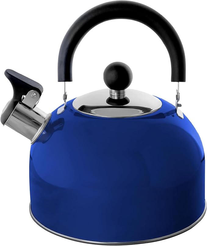 Lily's Home 2 Quart Stainless Steel Whistling Tea Kettle, the Perfect Stovetop Tea and Water Boilers for Your Home, Dorm, Condo or Apartment. (Blue)