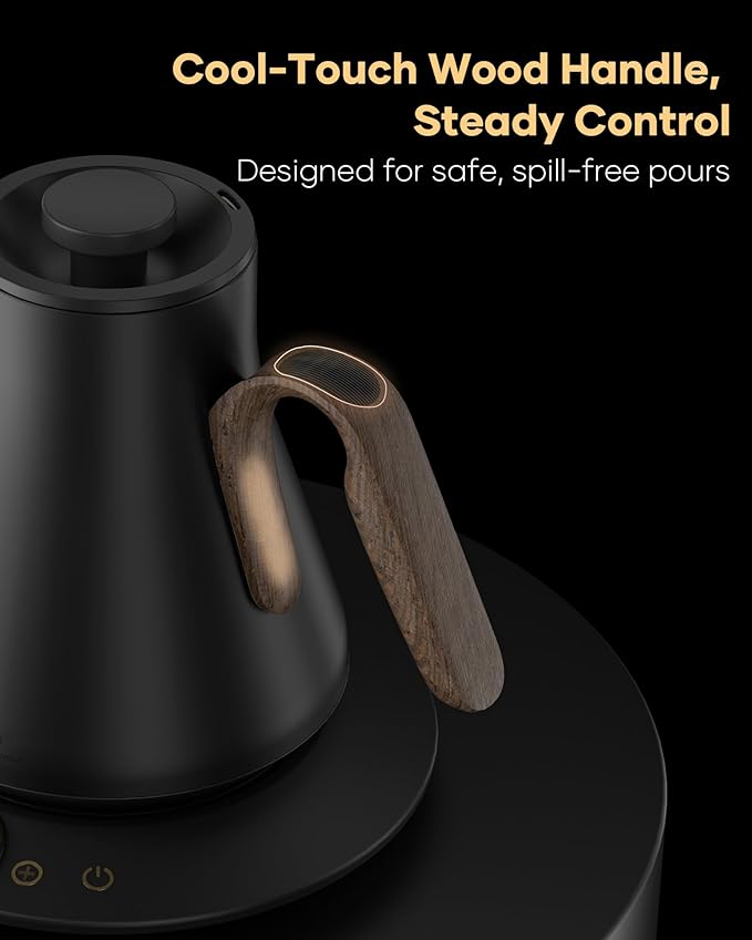 Cocinare FLOW B9 Gooseneck Electric Kettle, Precise Temperature Control for Pour-Over Coffee & Tea Brewing, Stainless Steel Interior, Rapid Heating for Boiling Water 1500W/0.9L (Black Walnut)