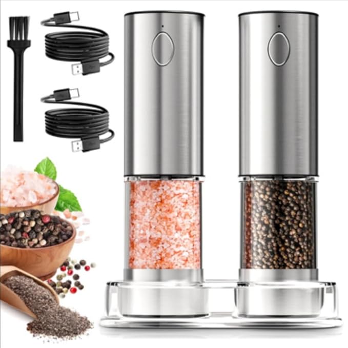 Electric Salt and Pepper Grinder Set – Rechargeable & Battery Operated, Automatic Stainless Steel Mills, Adjustable Coarseness, One-Handed Operation