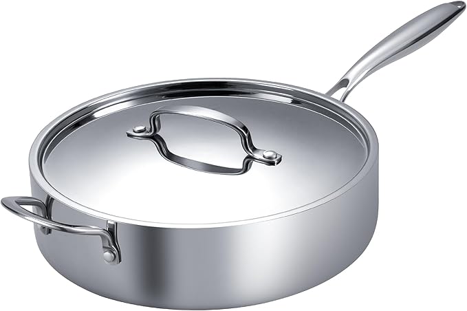 Large Saute Pan with Lid 12 inch Stainless Steel Sauté Pan (5.5 Qt) - 5-Ply Stainless Steel Deep Saute Pans- Oven Safe & Stovetop Agnostic - Non Toxic, PTFE & PFOA Free