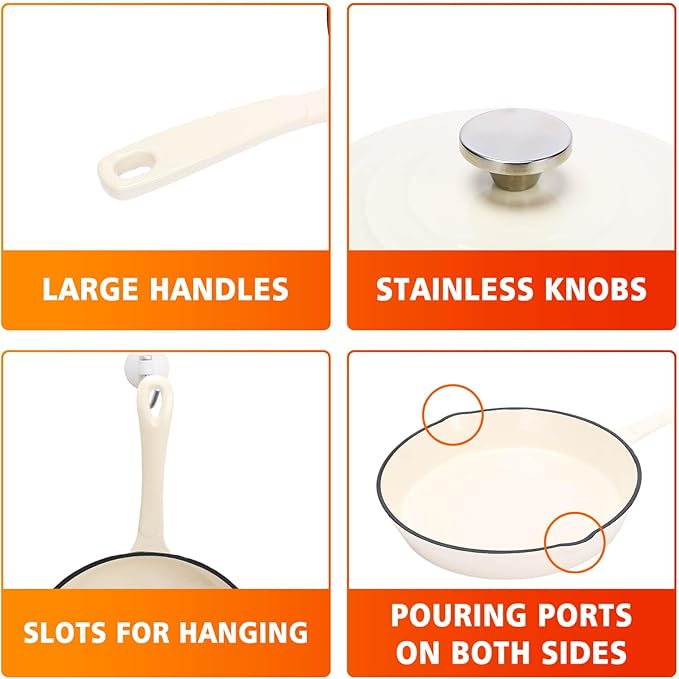 Enameled Cast Iron Cookware Set, 5-Piece Ceramic Coated Pots & Pans with Dutch Oven and Lid, PFAS/PTFE/PFOA-Free, Induction Gas Oven Safe, Cream White Cookware Set