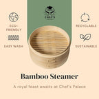 Chef's Palace Bamboo Steamer Basket | 10 Inch 2 Tier Dumpling, Rice and Vegetable Steamer | Chopsticks and Chopsticks Helpers, Silicon Liners, Ring Adapter, Dumpling Helper and Instructions Manual.