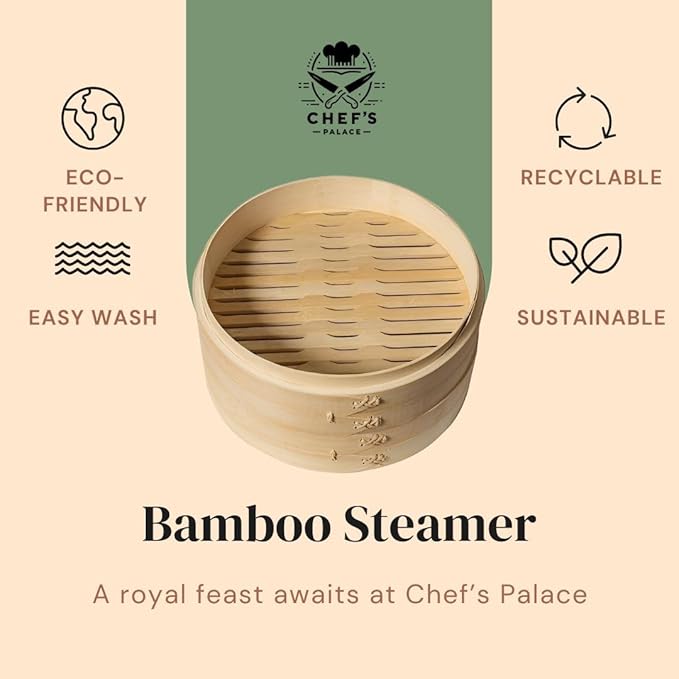 Chef's Palace Bamboo Steamer Basket | 10 Inch 2 Tier Dumpling, Rice and Vegetable Steamer | Chopsticks and Chopsticks Helpers, Silicon Liners, Ring Adapter, Dumpling Helper and Instructions Manual.