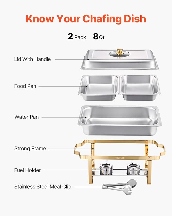 VEVOR Chafing Dish Buffet Set,8 Qt 2 Pack, Stainless Steel Chafer with 4 Half Size Pans, Rectangle Catering Warmer Server with Glass Lid Water Pan Folding Stand Fuel Holder, for Wedding Party Banquet