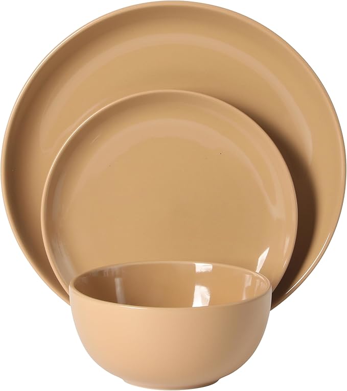 Gibson Home Rockaway 12-Piece Round Stoneware Dinnerware Set, Service for 4 – Beige Plates and Bowls, Modern Matte Finish, Microwave & Dishwasher Safe