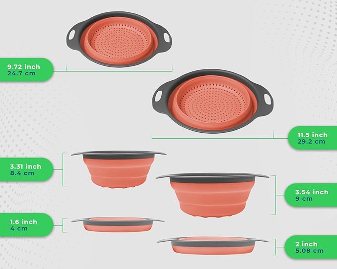 Ultimate Kitchen Strainers Set of 2 - Collapsible Silicone Colander For Easy Storage by Comfify - Use with Pasta & Veggies or as a Fruit or Berry Bowl with Strainer - Irreplaceable for Campers - Coral
