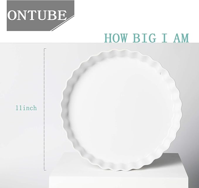 ONTUBE Pie Pans- 11 Inches Ceramic Quiche Pans, Round Pie Tins for Baking,Oven Saf (White,1 Pieces)