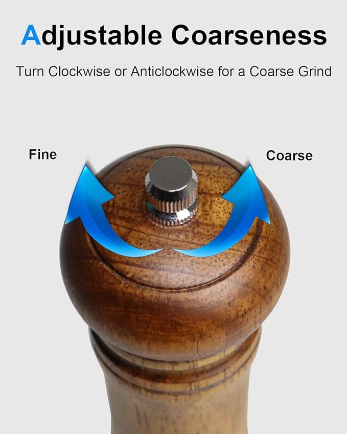 Pepper Grinder Salt Grinder Wooden Pepper Mill Grinder w/Adjustable Coarse, 8 inch Tall Wood Refillable Manual Pepper Grinder Mill Peppermill for Black Peppercorn, Easy Clean w/Cleaning Brush