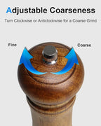 Pepper Grinder Salt Grinder Wooden Pepper Mill Grinder w/Adjustable Coarse, 8 inch Tall Wood Refillable Manual Pepper Grinder Mill Peppermill for Black Peppercorn, Easy Clean w/Cleaning Brush