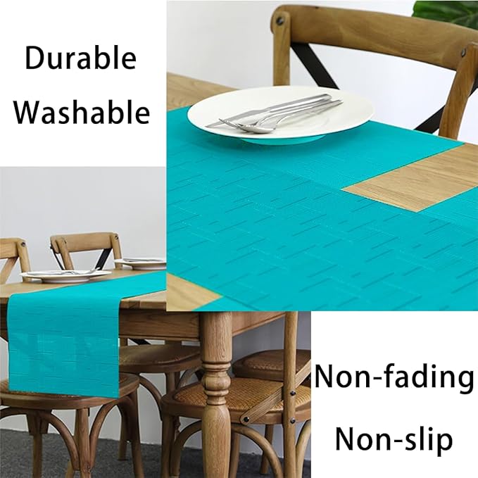 PIGCHCY Elegant Placemats and Table Runner, Durable Cleaning Set (6 Placemats + 1 Table Runner, Turquoise)