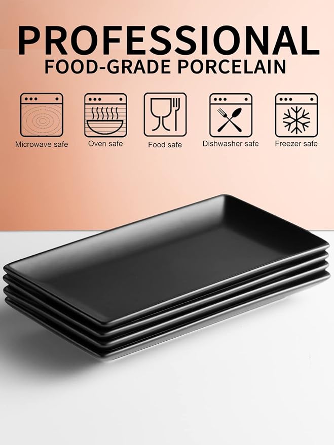 Gomakren Black Serving Platter Set of 4 Porcelain Serving Plates Rectangular Christmas Serving Dishes and Platters Serving Trays for Party Appetizer Sushi, 10 Inch Black Serveware Thanksgiving Gifts